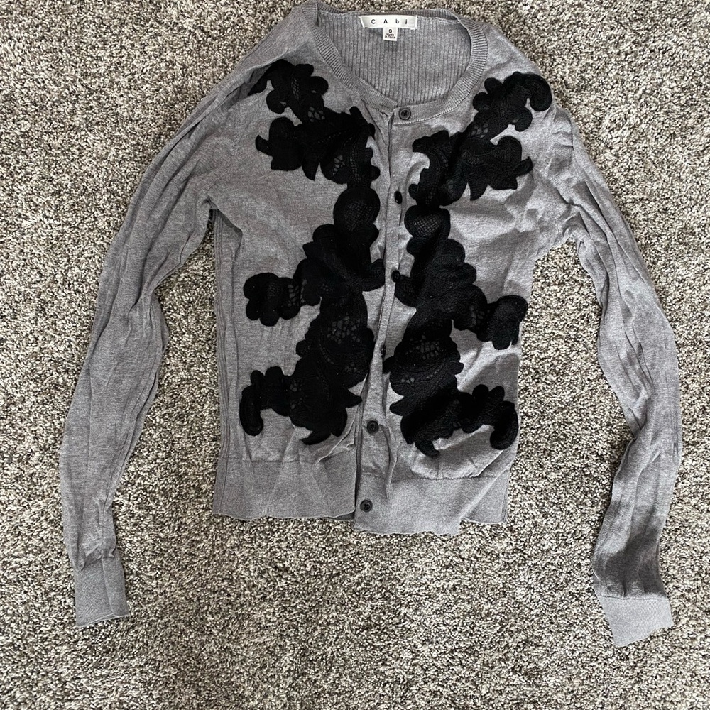 Cabi grey with black lace detail cardigan size S